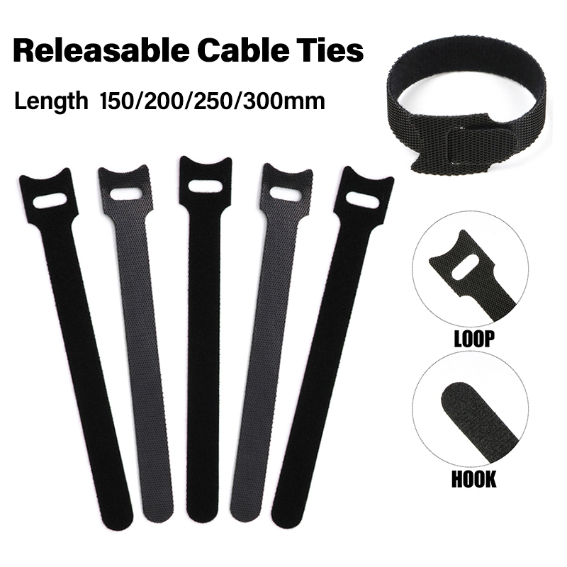 Cable Velcro Strap - 50~500Pcs Releasable Cable Ties 150/200/250/300mm Black
